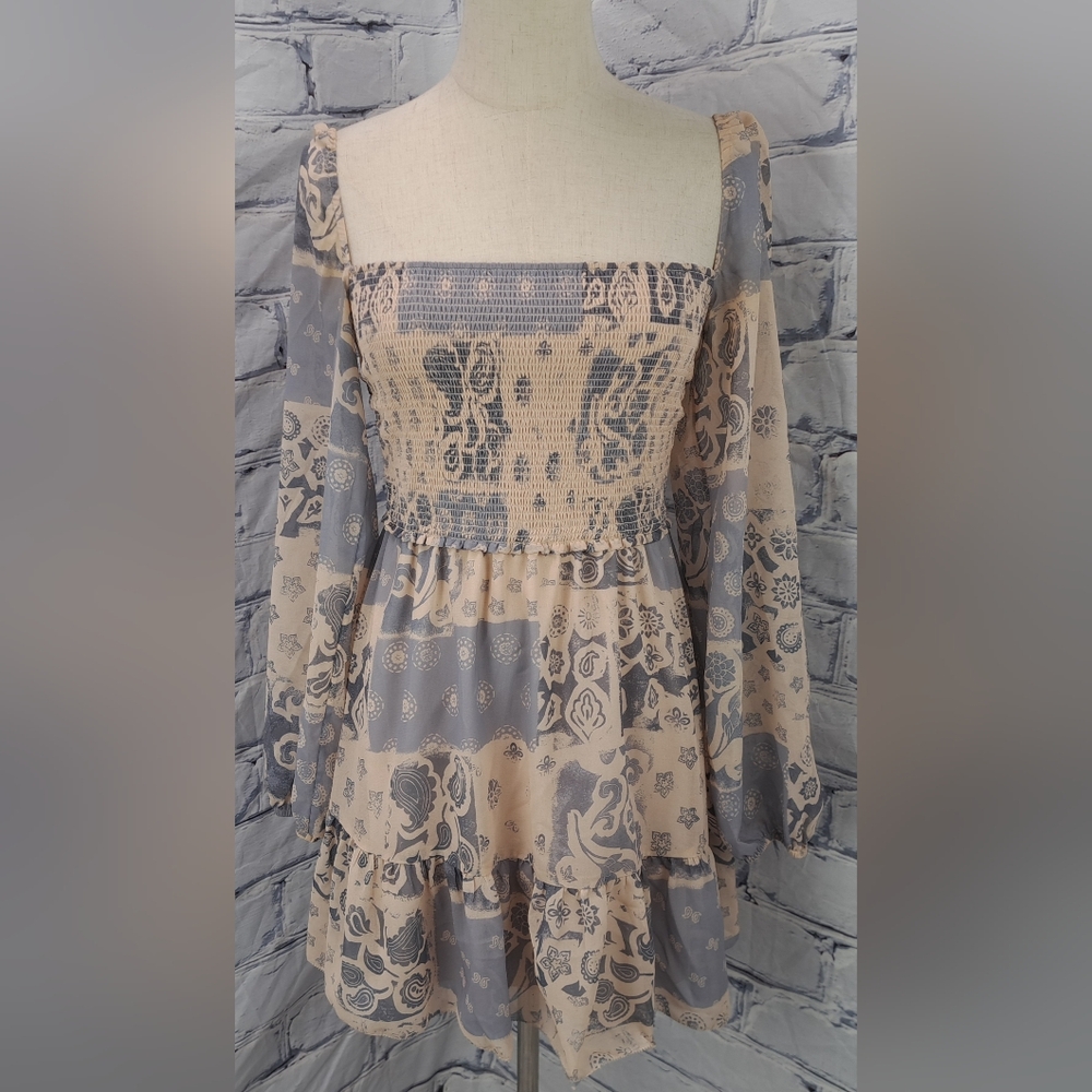 Aritzia Wilfred Free Tempest Smocked Mini Dress Square Neck Boho Western Farm - Picture 2 of 16